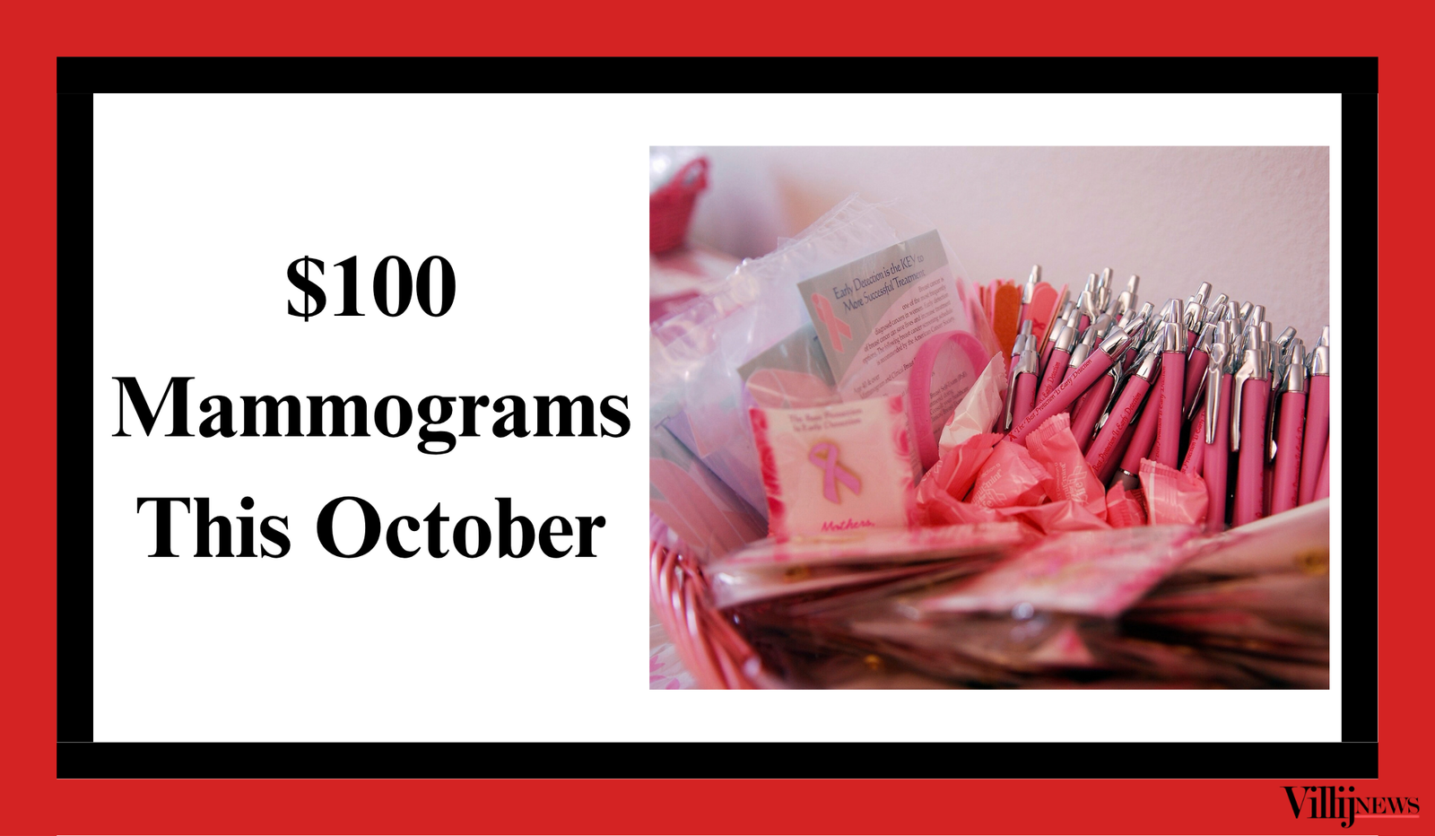 Villij News graphic about Holy Cross Health's $100 screening mammograms for uninsured patients during October 2026.