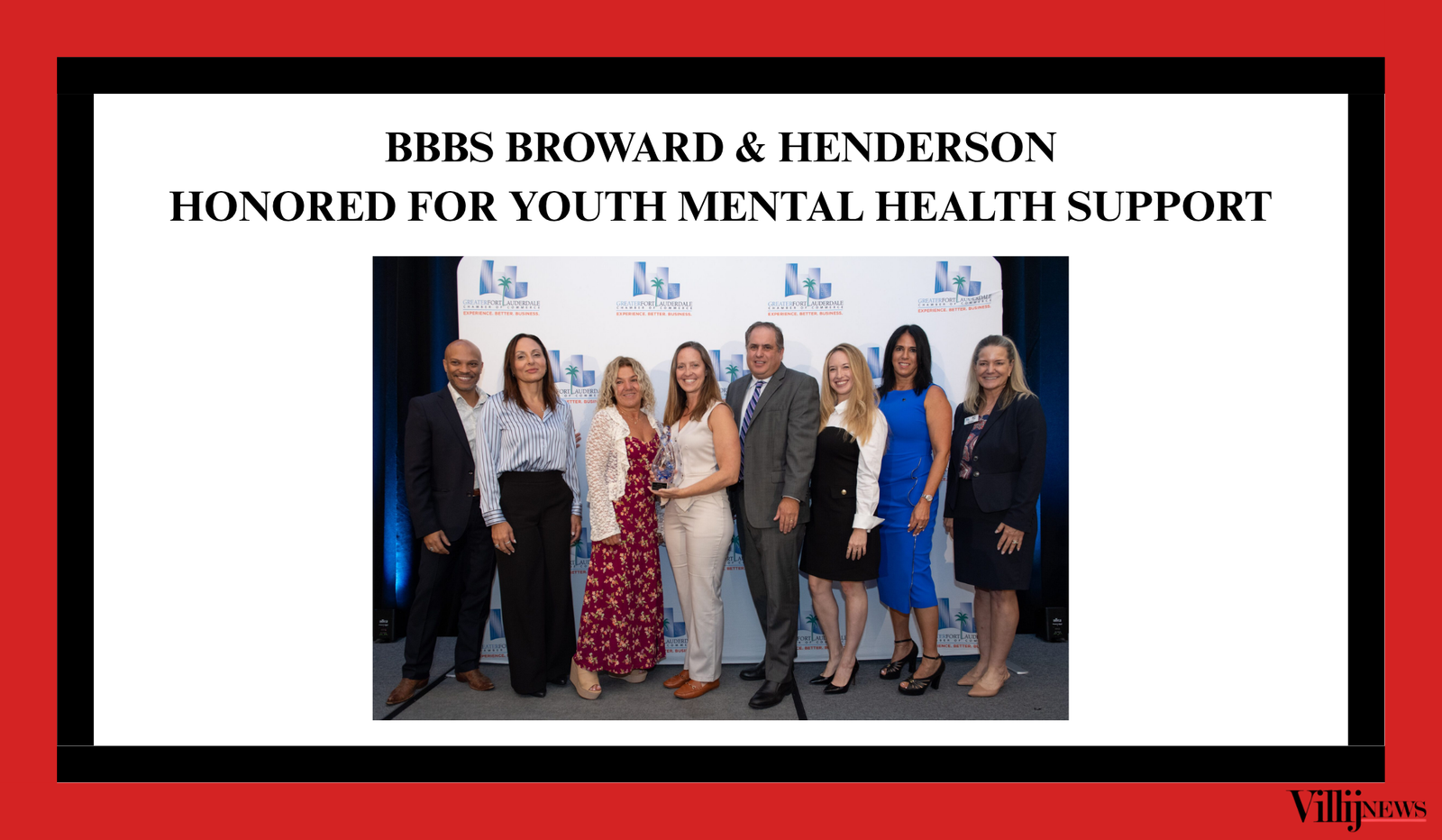 Villij News graphic showing eight adults posing with an award beneath the headline “BBBS Broward & Henderson Honored for Youth Mental Health Support.”