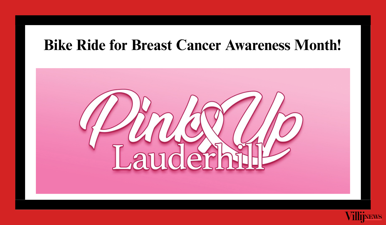 Villij News graphic for Lauderhill's Breast Cancer Awareness Month bike ride, featuring the pink Pink Up Lauderhill logo and a headline announcing the event.