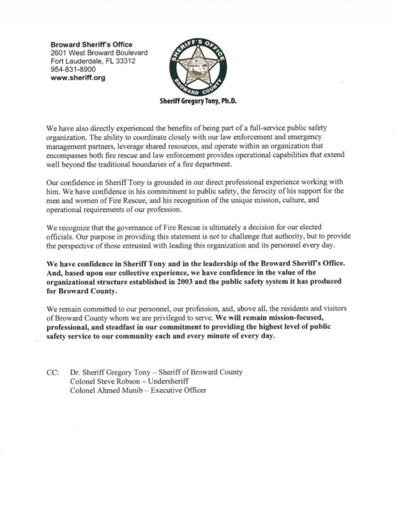Second page of the October 6, 2026, Broward Sheriff Fire Rescue chiefs' statement, expressing confidence in Sheriff Gregory Tony and acknowledging elected officials' authority over Fire Rescue governance.