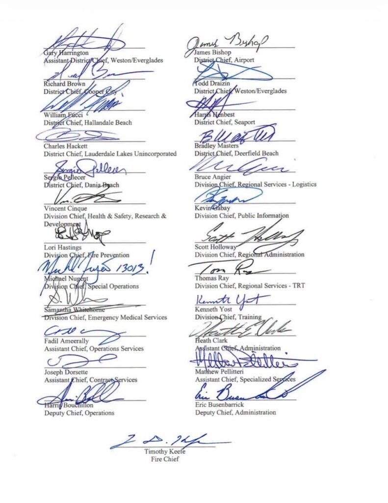 Third page of the October 6, 2026, Broward Sheriff Fire Rescue Statement of Confidence, showing chief officers' signatures, names, and titles, including Fire Chief Timothy Keefe.