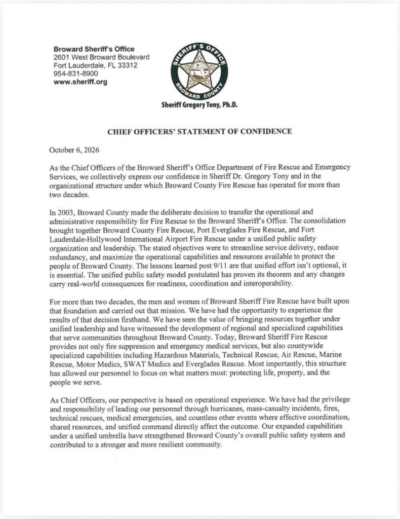 First page of the October 6, 2026, Broward Sheriff Fire Rescue Chief Officers' Statement of Confidence, expressing support for Sheriff Gregory Tony and describing the department's organizational structure since 2003.