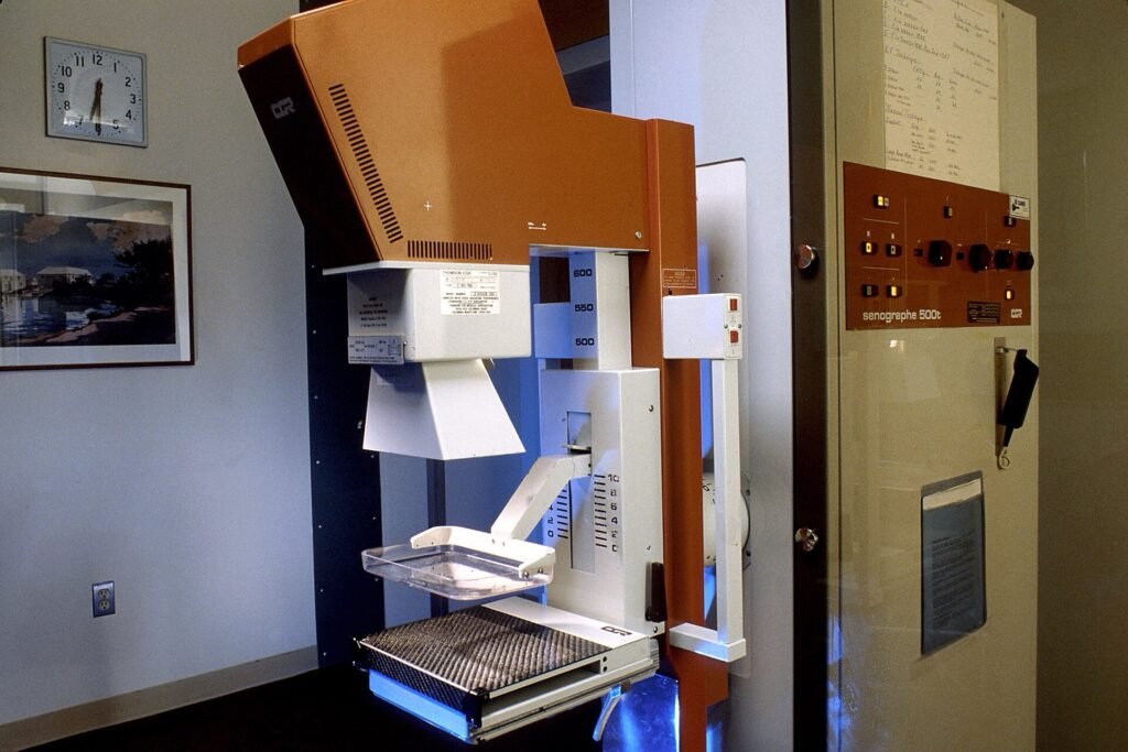 Mammography machine used for breast imaging, shown in an archival medical photograph.