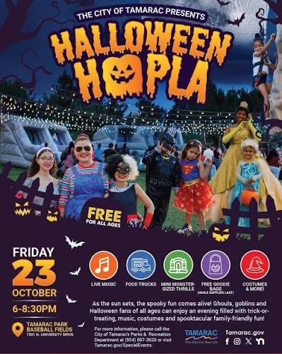 City of Tamarac Halloween Hoopla flyer announcing a free family event on October 23, 2026, from 6 to 8:30 p.m., with costumes, music, food trucks, and trick-or-treating.