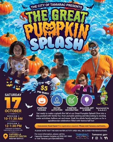 City of Tamarac flyer for the Great Pumpkin Splash on October 17, 2026, featuring floating pumpkins, water activities, two event sessions, and $5 admission.