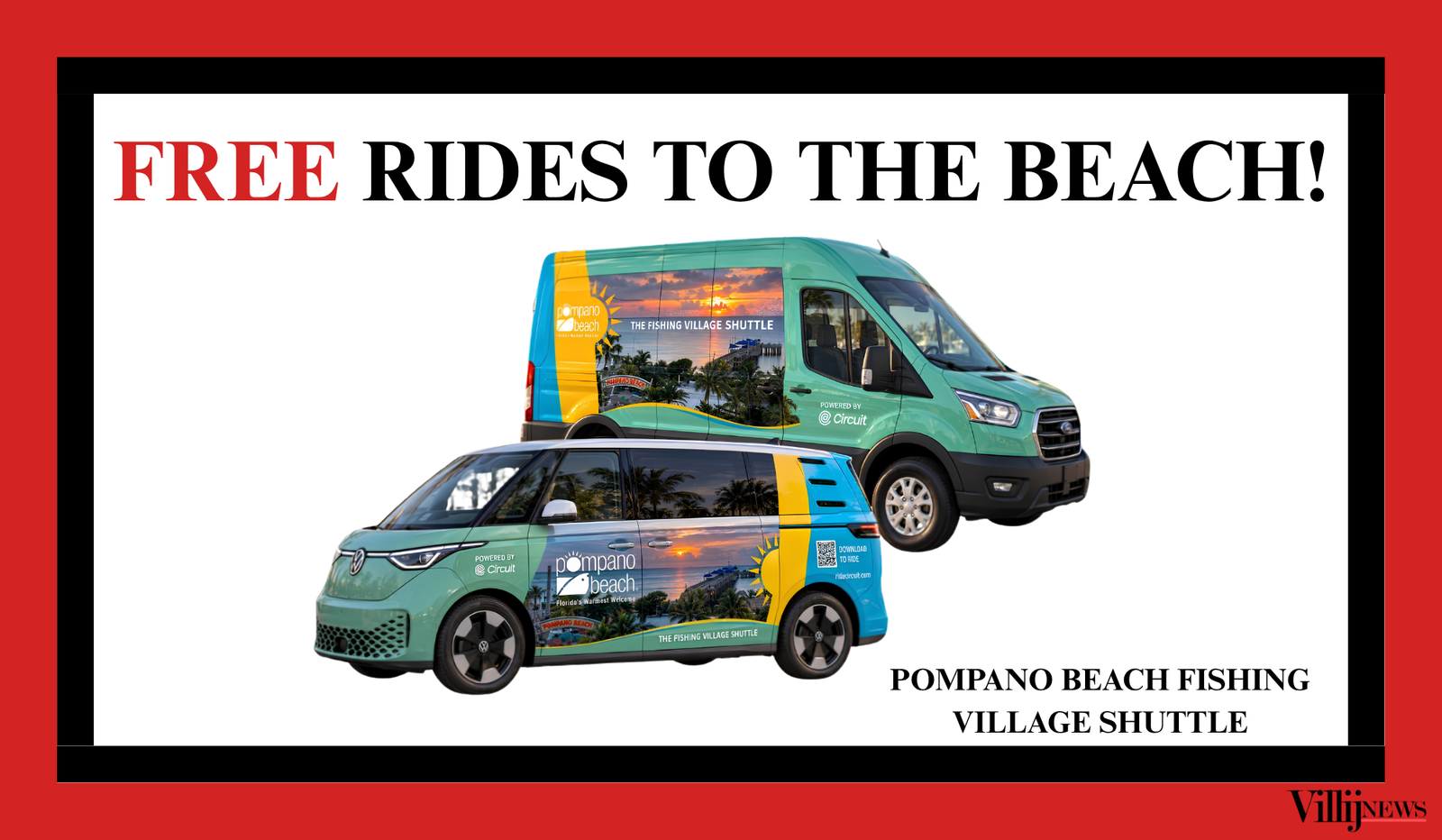 Villij News graphic showing two illustrated Fishing Village Shuttle vehicles beneath the headline “Free Rides to the Beach!”
