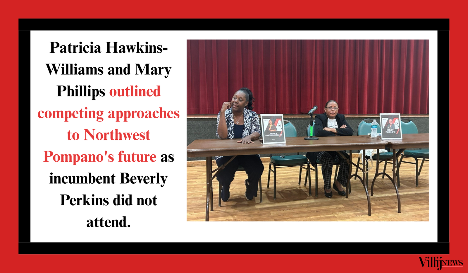 Villij News graphic featuring two District 4 candidates seated at a forum table, with a headline about their competing approaches to Northwest Pompano's future.