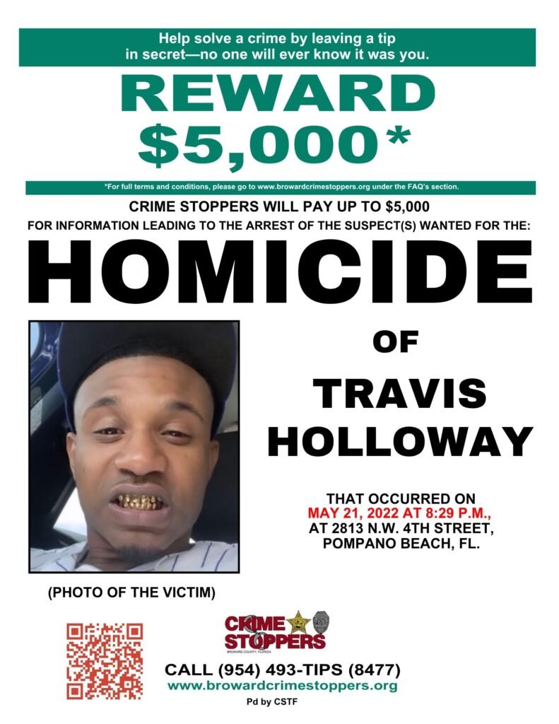 Broward Crime Stoppers reward poster featuring Travis Holloway's photograph and a $5,000 reward notice for information about his 2022 Pompano Beach homicide.