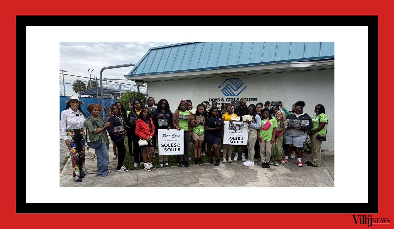 Group of young participants and organizers posing outside a Boys & Girls Clubs of Broward County facility with handbags and Rita Case and Soles4Souls signs, in a Villij News graphic.