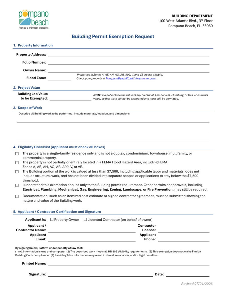 Pompano Beach’s blank Building Permit Exemption Request showing property details, project value, eligibility checks and applicant certification.
